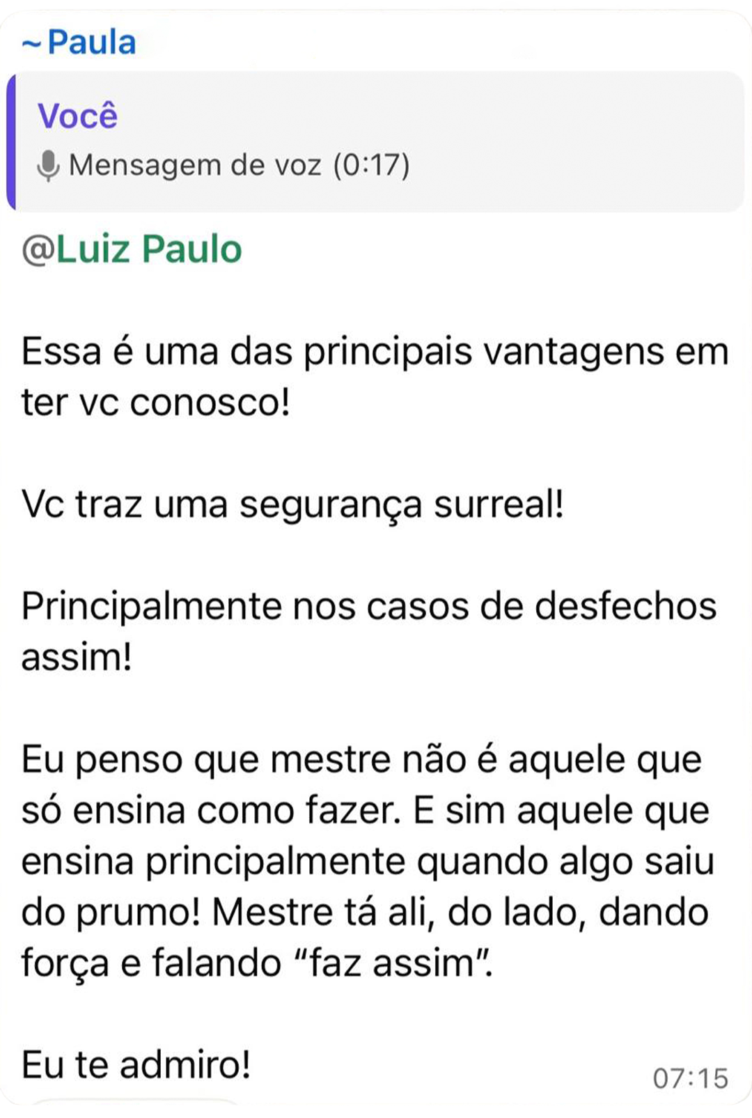 Depoimento de aluno